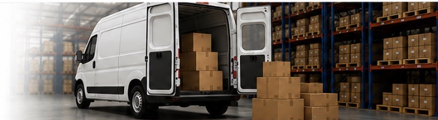 Plain white delivery van with parcels in a warehouse